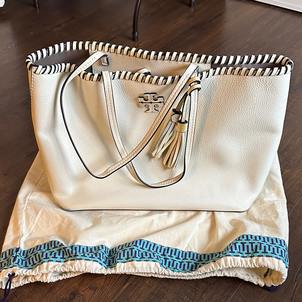 Tory Burch Cream Leather Tote with Tassel